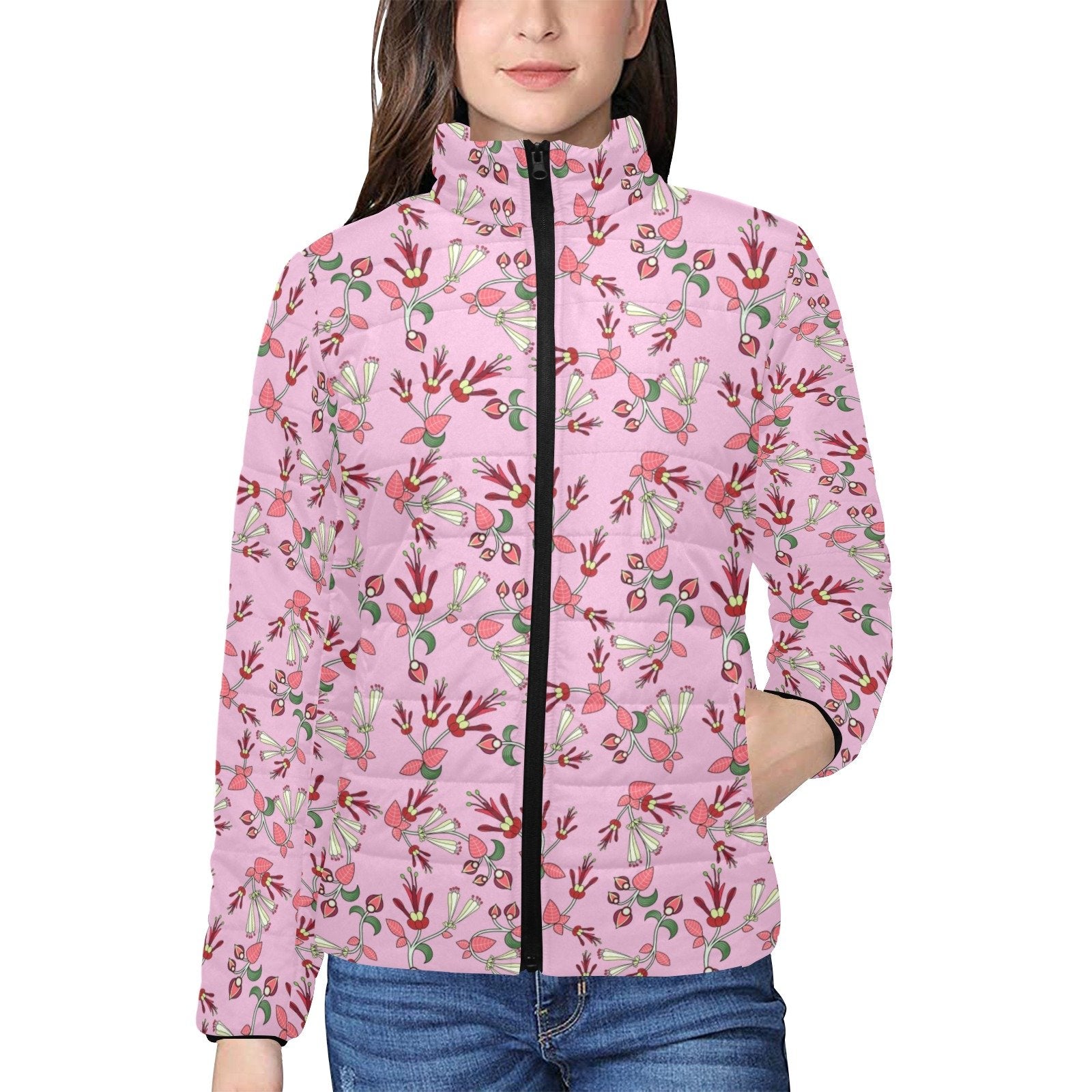 Strawberry Floral Women's Stand Collar Padded Jacket (Model H41) jacket e-joyer