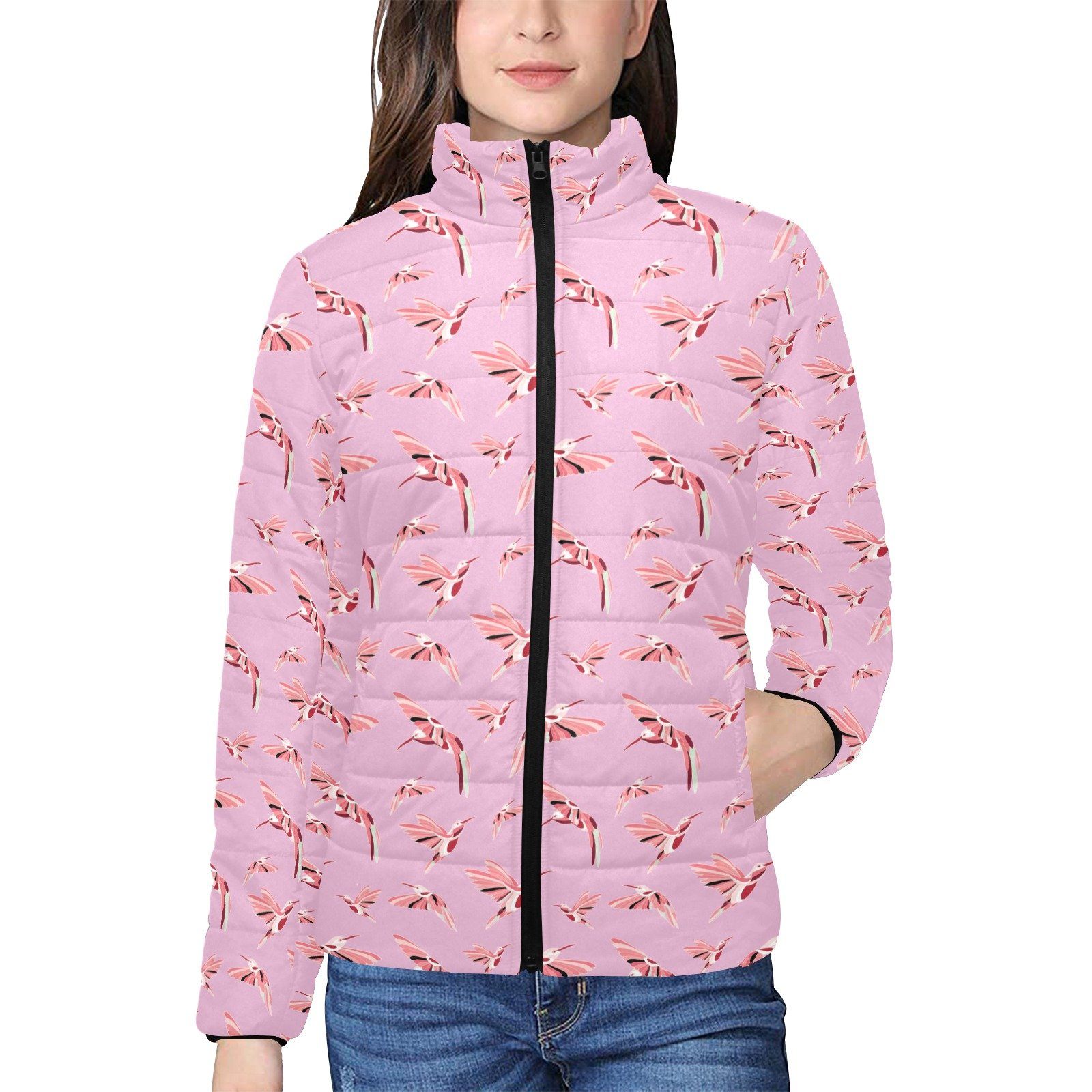 Strawberry Pink Women's Stand Collar Padded Jacket (Model H41) jacket e-joyer
