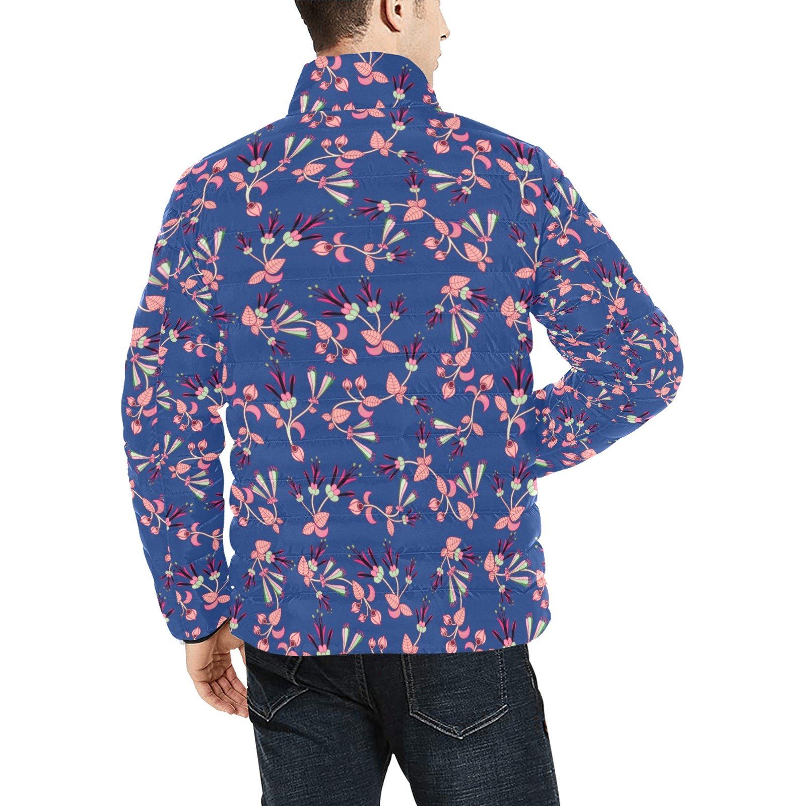Swift Floral Peach Blue Men's Stand Collar Padded Jacket (Model H41) Men's Stand Collar Padded Jacket (H41) e-joyer
