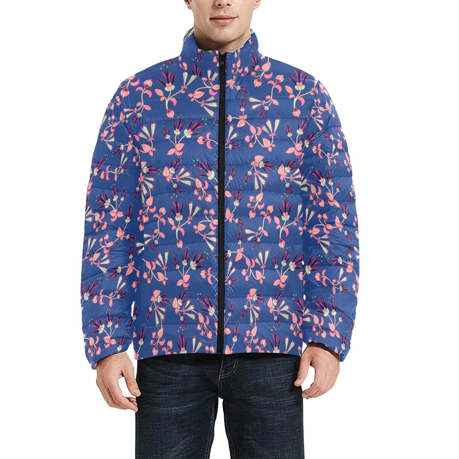 Swift Floral Peach Blue Men's Stand Collar Padded Jacket (Model H41) Men's Stand Collar Padded Jacket (H41) e-joyer