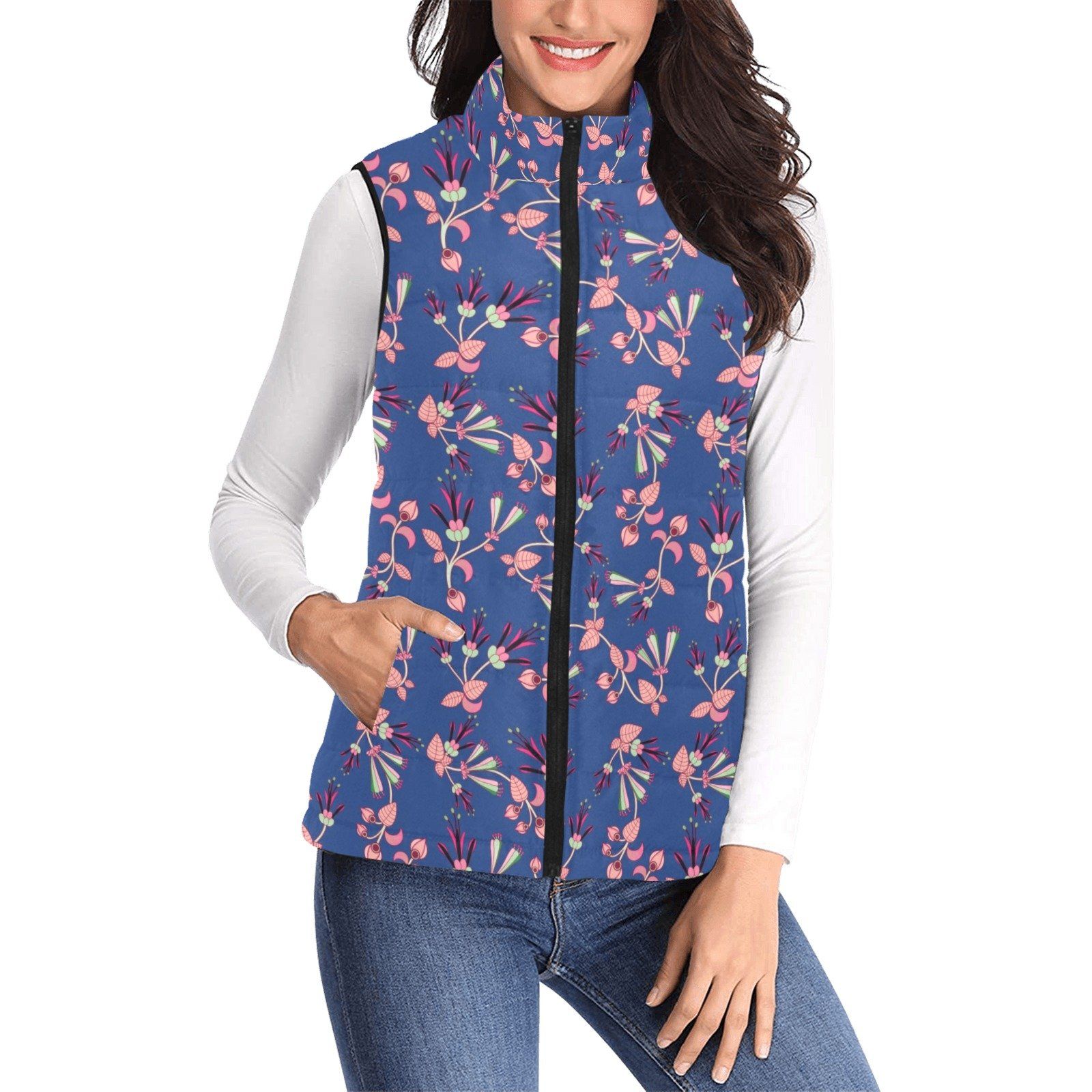 Swift Floral Peach Blue Women's Padded Vest Jacket (Model H44) Women's Padded Vest Jacket (H44) e-joyer