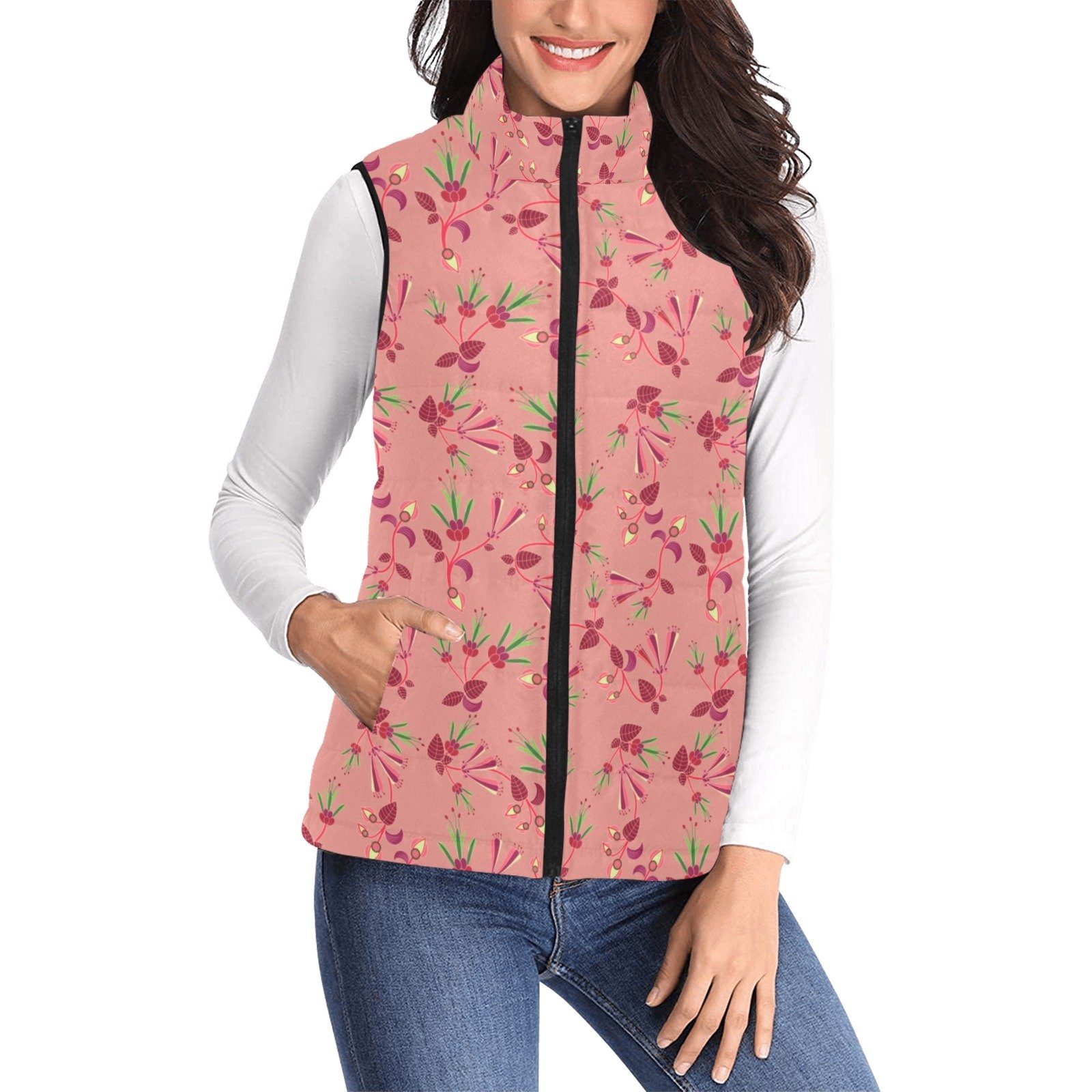 Swift Floral Peach Rouge Remix Women's Padded Vest Jacket (Model H44) Women's Padded Vest Jacket (H44) e-joyer