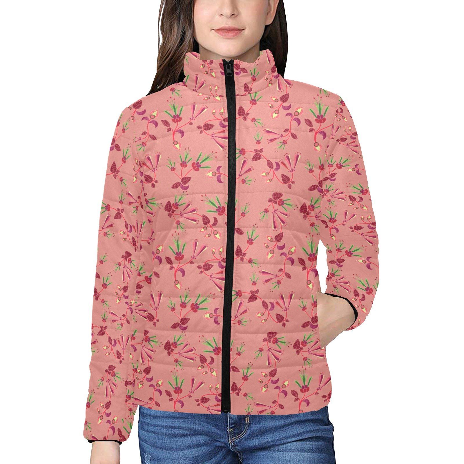 Swift Floral Peach Rouge Remix Women's Stand Collar Padded Jacket (Model H41) jacket e-joyer