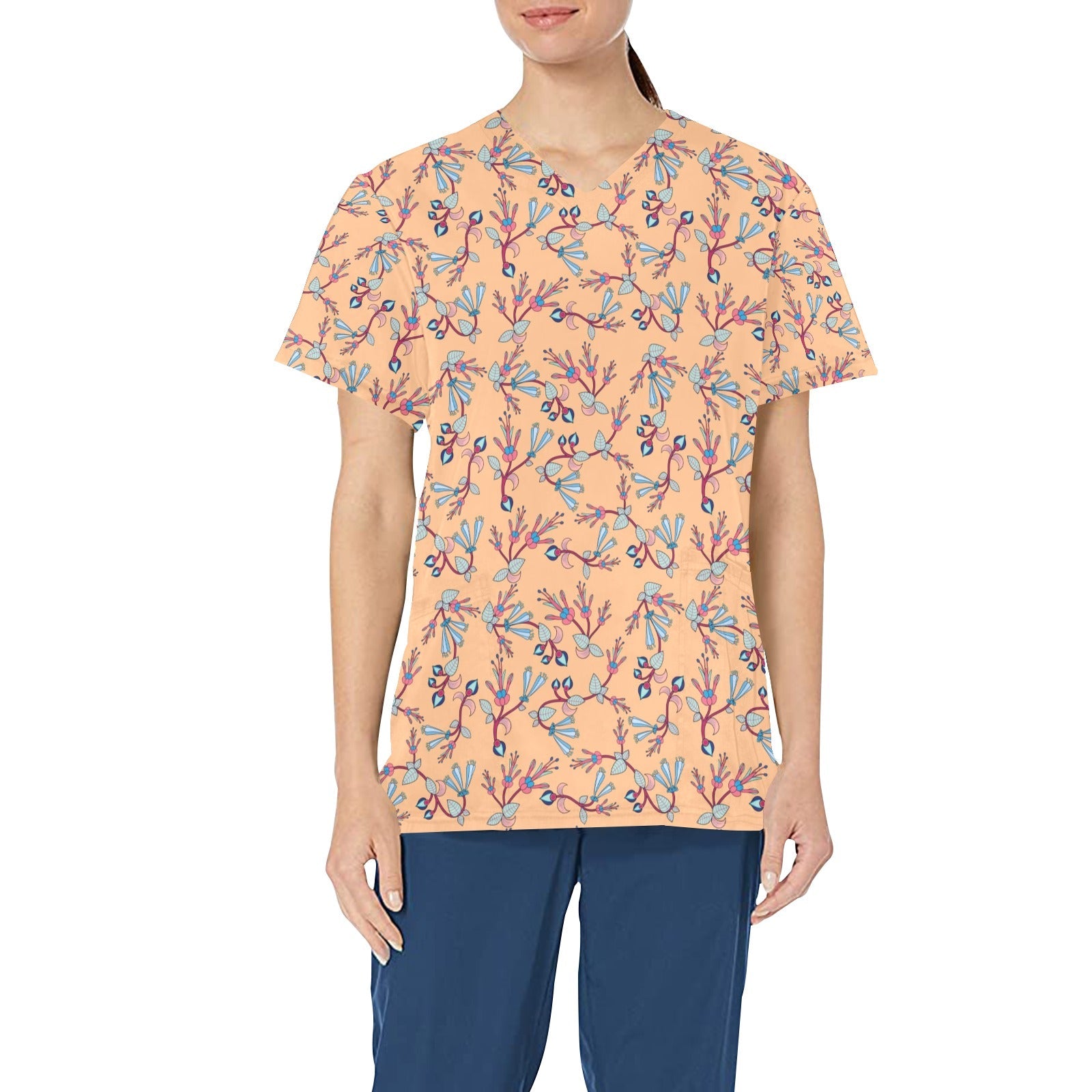 Swift Floral Peache All Over Print Scrub Top Scrub Top e-joyer