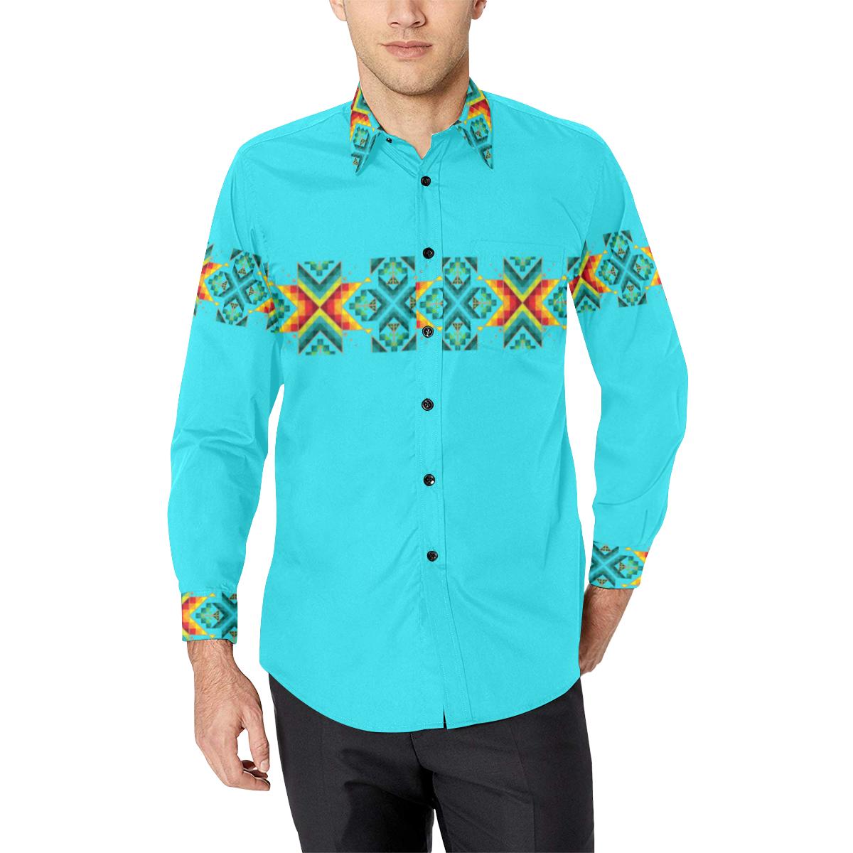 Turquoise Blanket Strip-1 Men's All Over Print Casual Dress Shirt (Model T61) Men's Dress Shirt (T61) e-joyer
