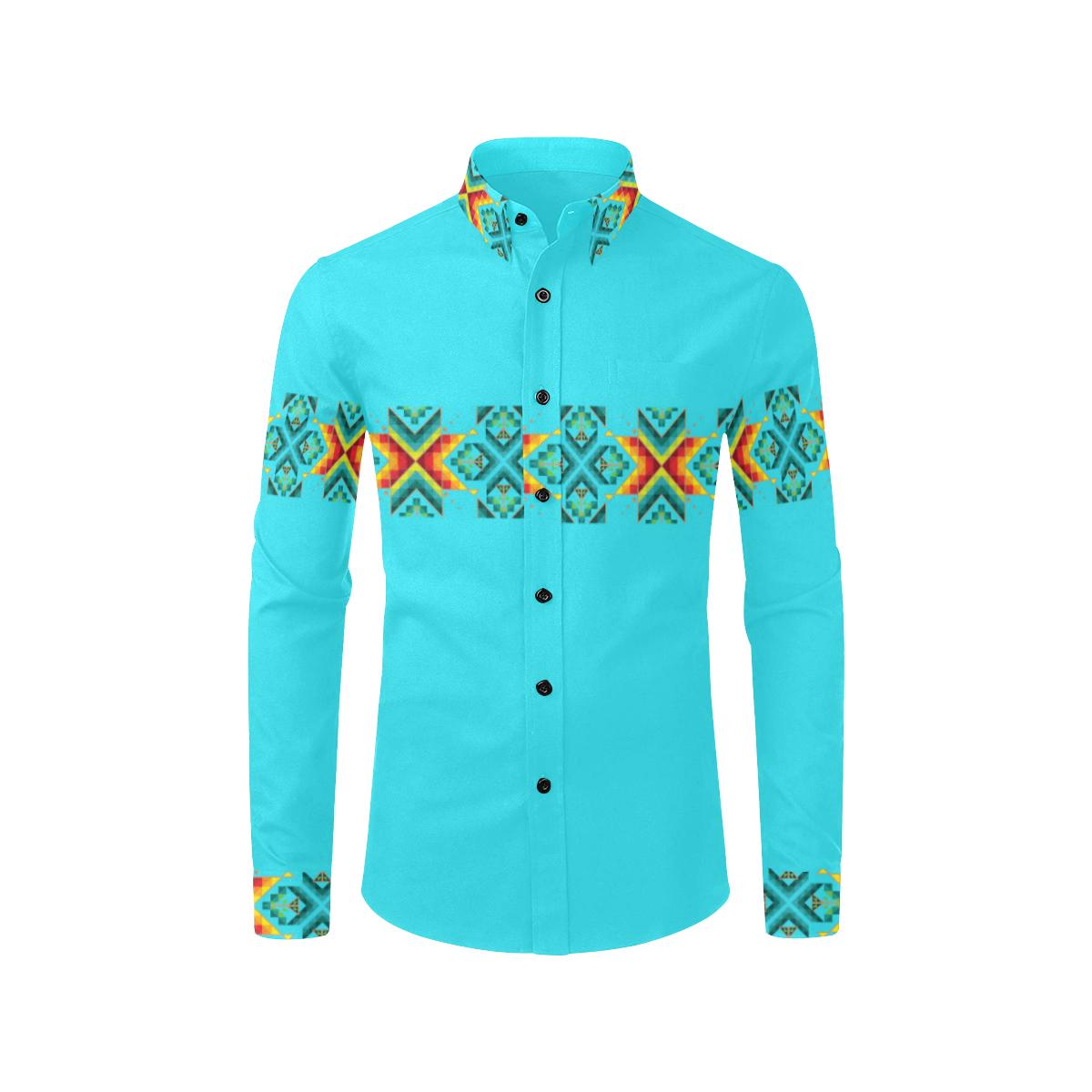 Turquoise Blanket Strip-1 Men's All Over Print Casual Dress Shirt (Model T61) Men's Dress Shirt (T61) e-joyer