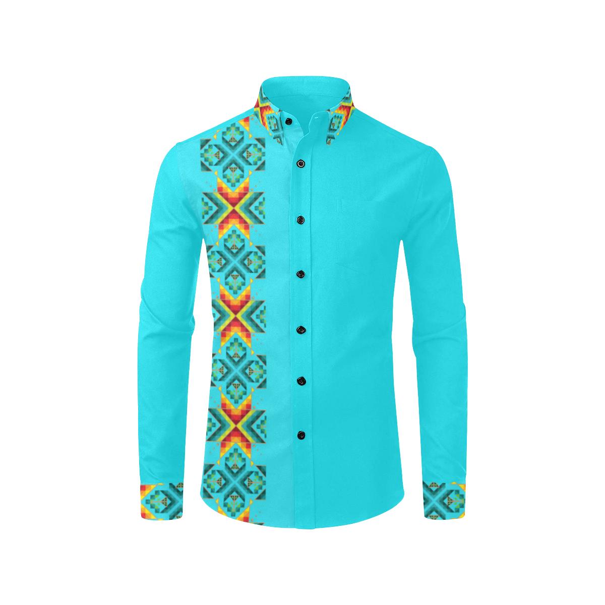 Turquoise Blanket Strip Men's All Over Print Casual Dress Shirt (Model T61) Men's Dress Shirt (T61) e-joyer
