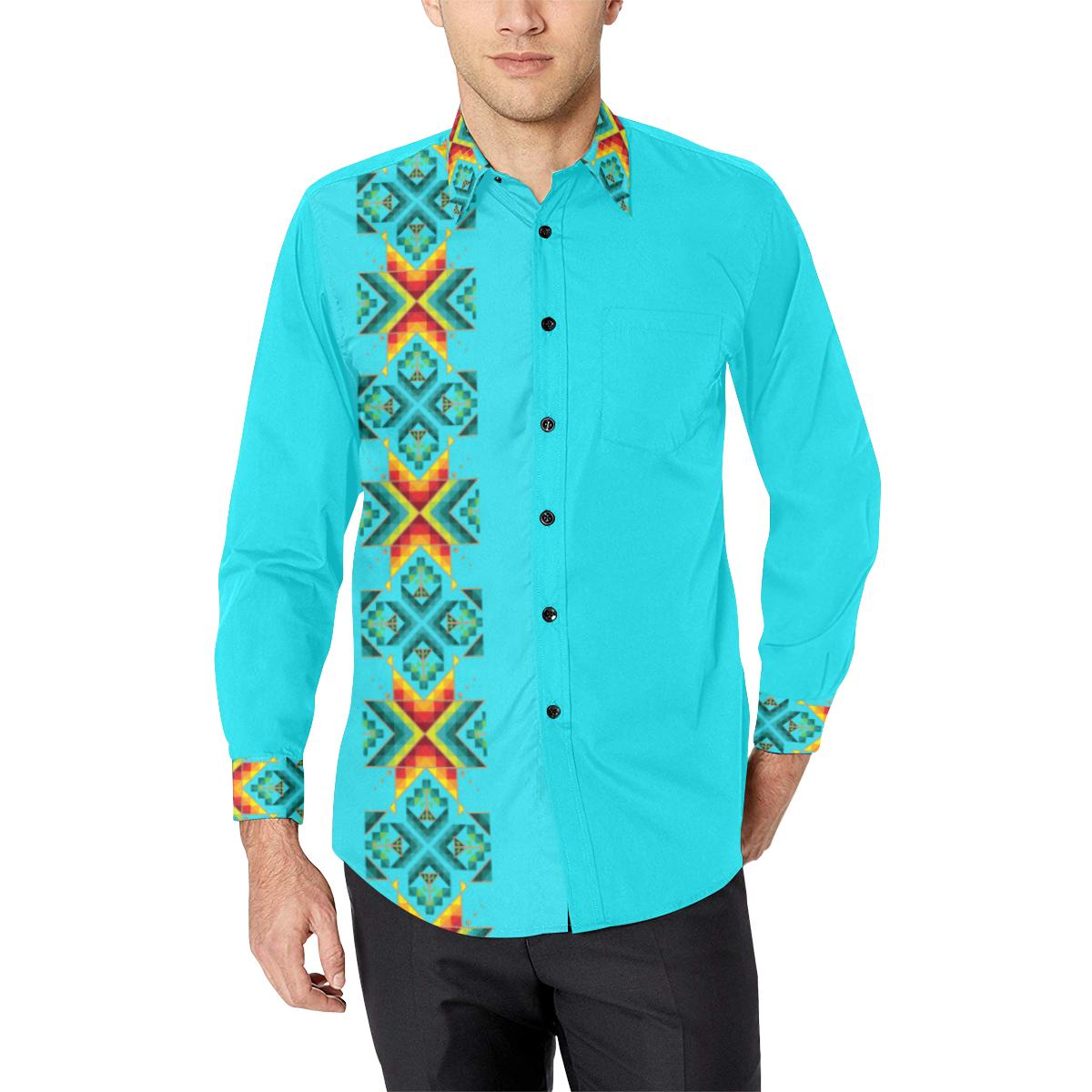 Turquoise Blanket Strip Men's All Over Print Casual Dress Shirt (Model T61) Men's Dress Shirt (T61) e-joyer
