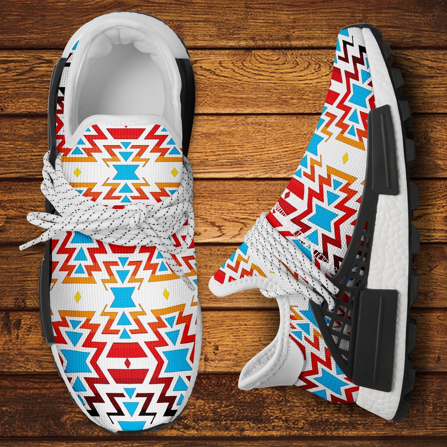 White Fire and Turquoise Okaki Sneakers Shoes 49 Dzine