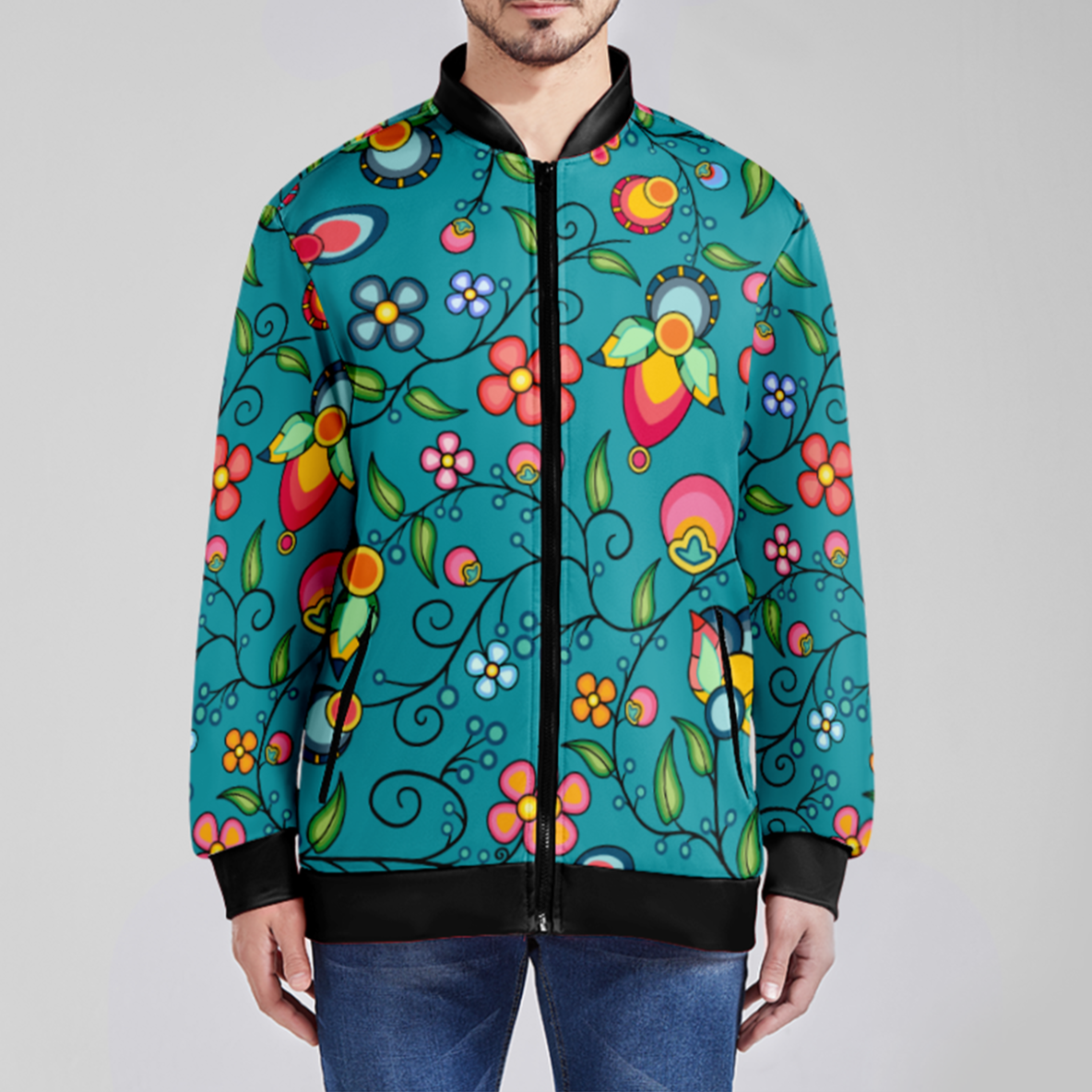 Floral Bounty Teal Zippered Collared Lightweight Jacket