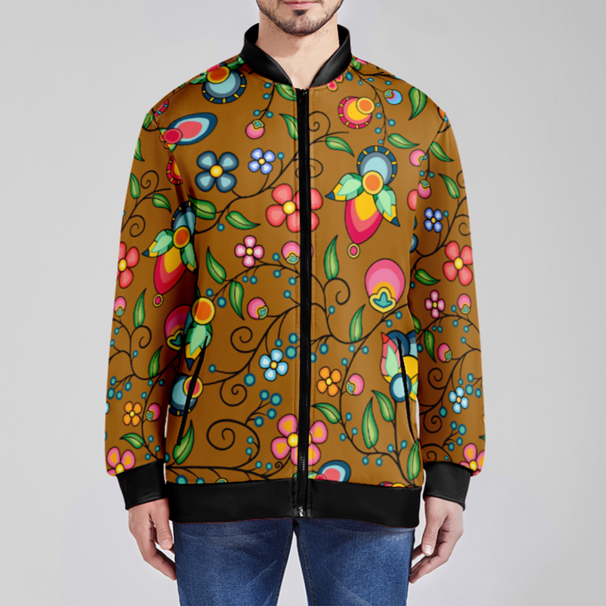 Floral Bounty Fall Leaves Zippered Collared Lightweight Jacket