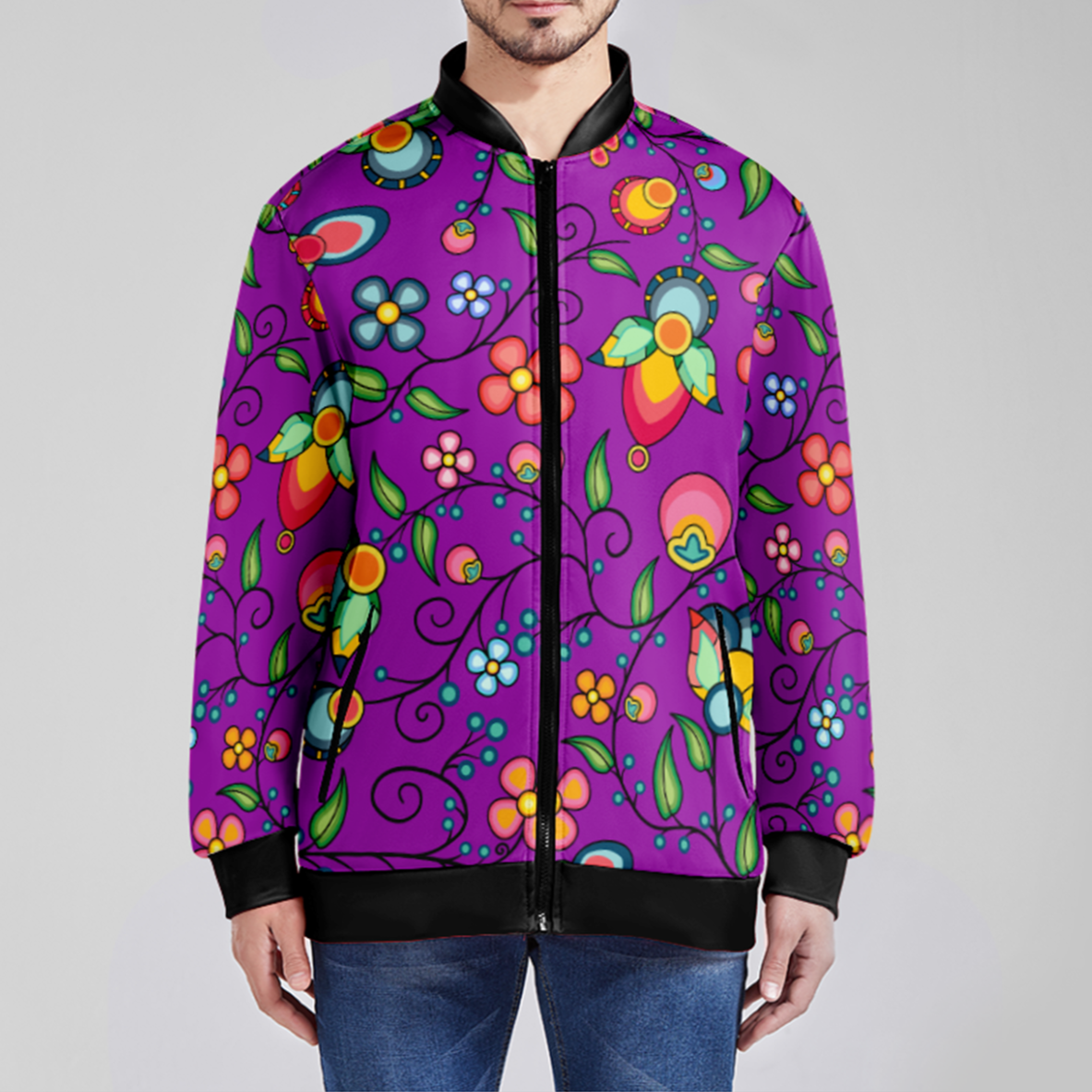 Floral Bounty Purple Zippered Collared Lightweight Jacket