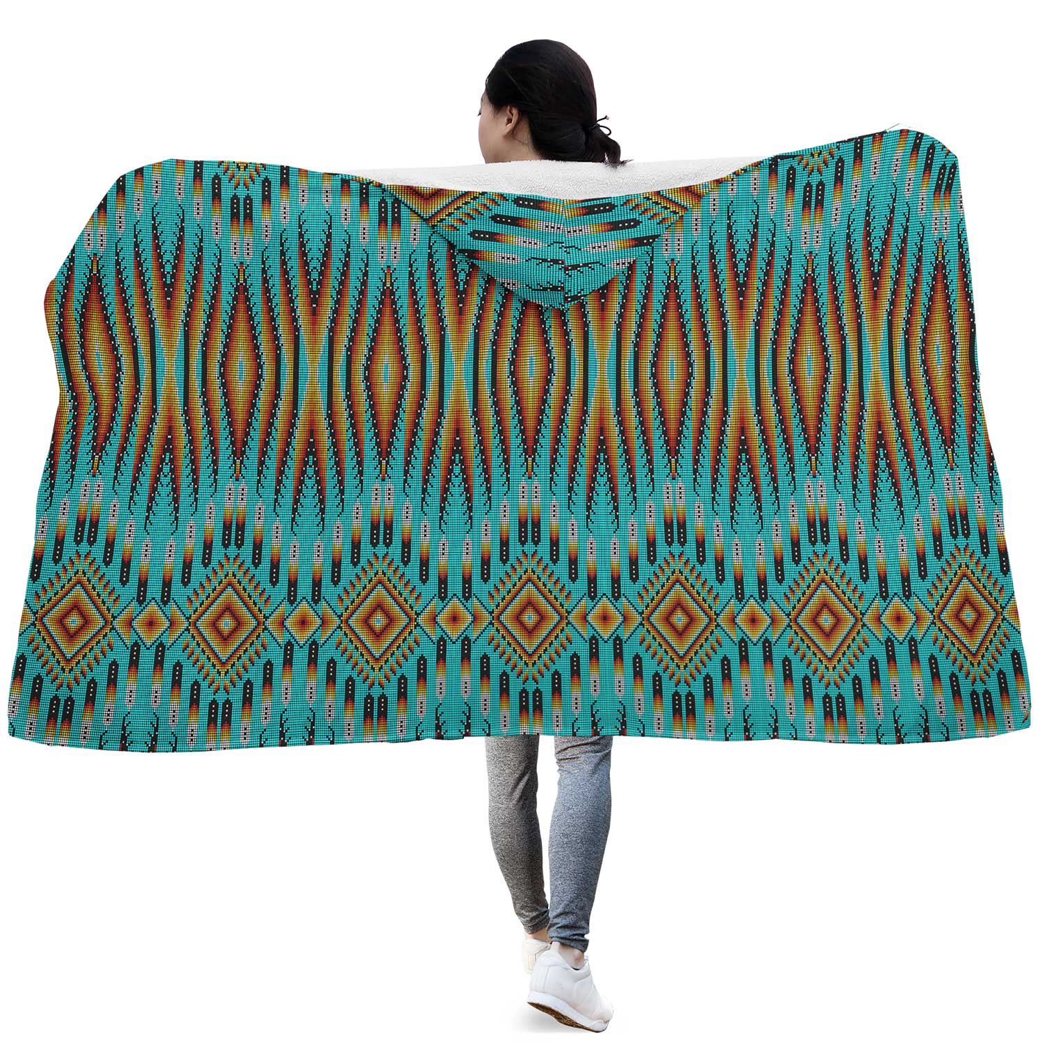 Fire Feather Turquoise Hooded Blanket