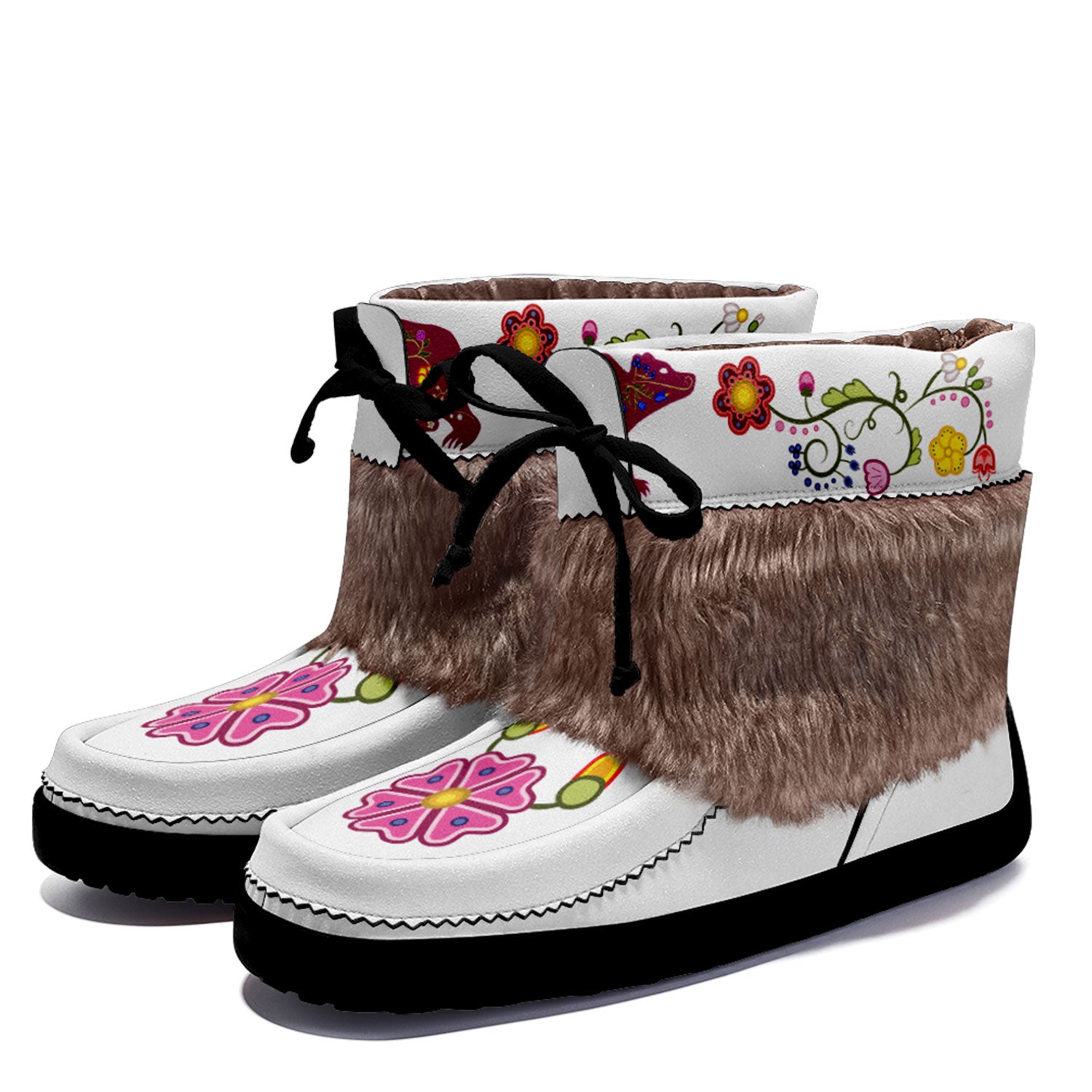 Floral Maskwa White Leather MocLux Short Style with Fur