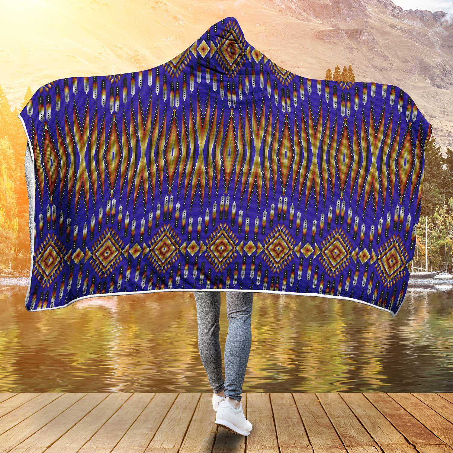 Fire Feather Blue Hooded Blanket