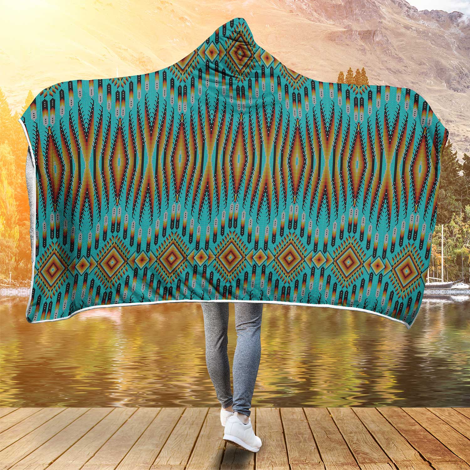 Fire Feather Turquoise Hooded Blanket