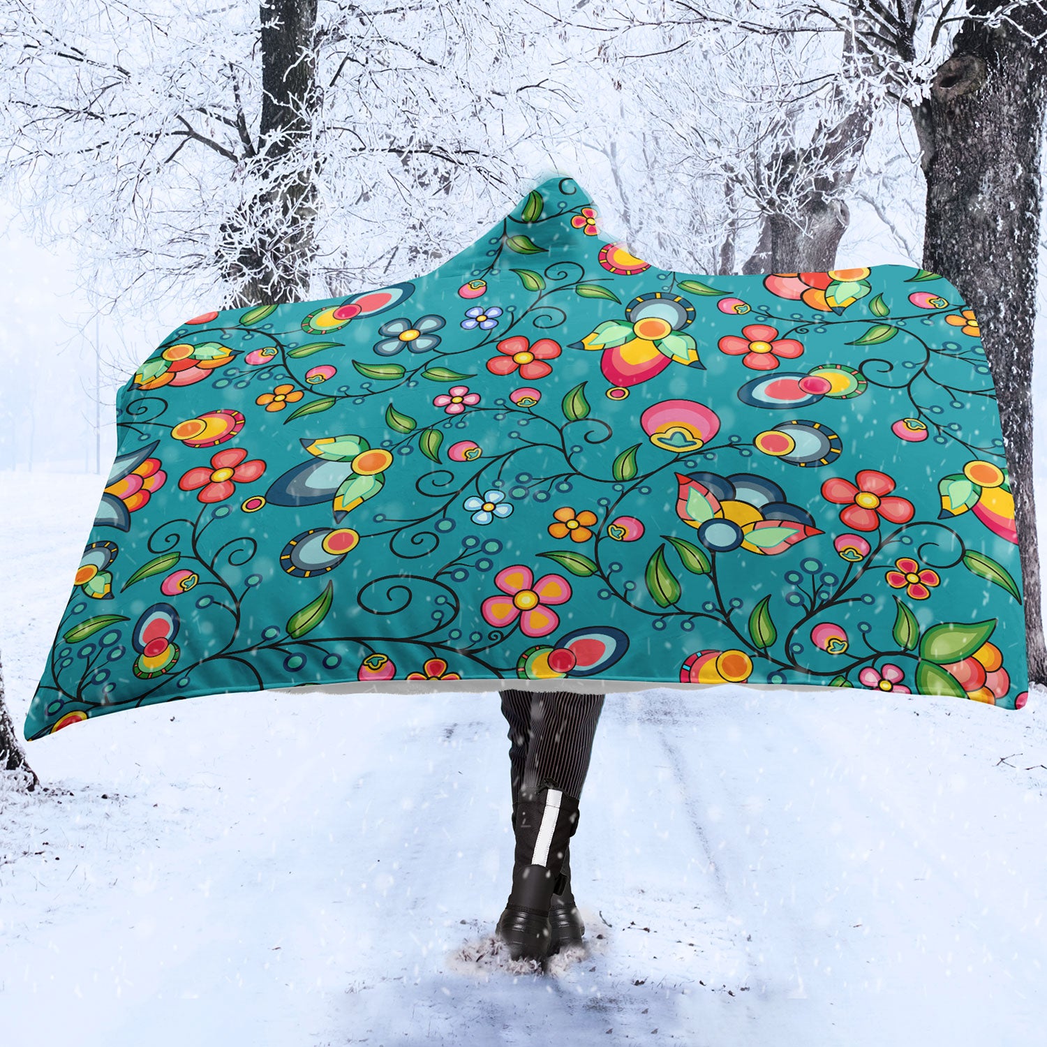 Floral Bounty Teal Hooded Blanket