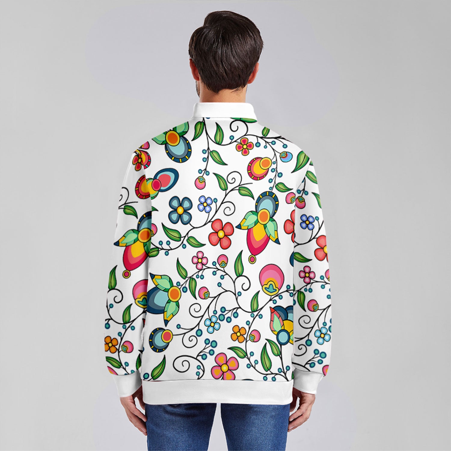 Floral Bounty White Zippered Collared Lightweight Jacket