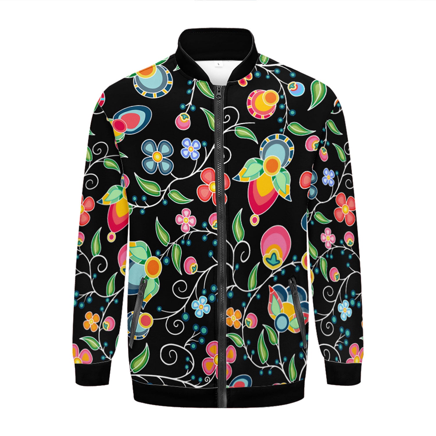 Floral Bounty Black Zippered Collared Lightweight Jacket