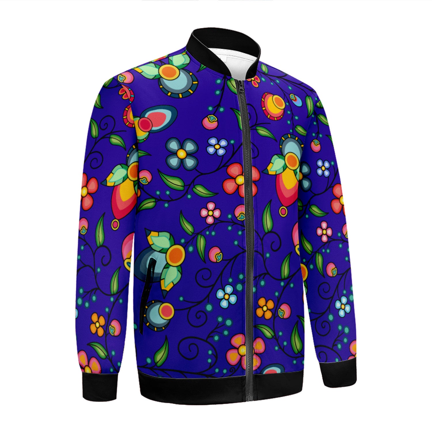 Floral Bounty Blue Zippered Collared Lightweight Jacket