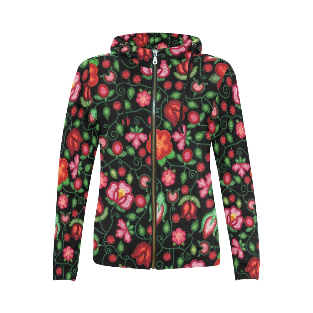 Rose Reverie Black Full Zip Hoodie for Women