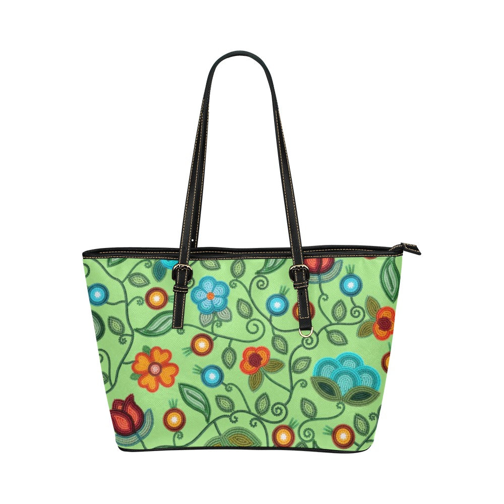 Prairie Fire Petals Sage Leather Tote Bag/Large