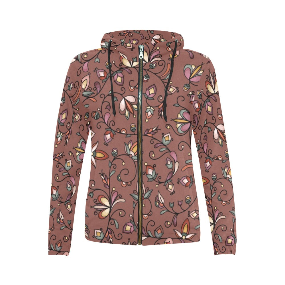 Burnt Sky Petals Brown Full Zip Hoodie for Women