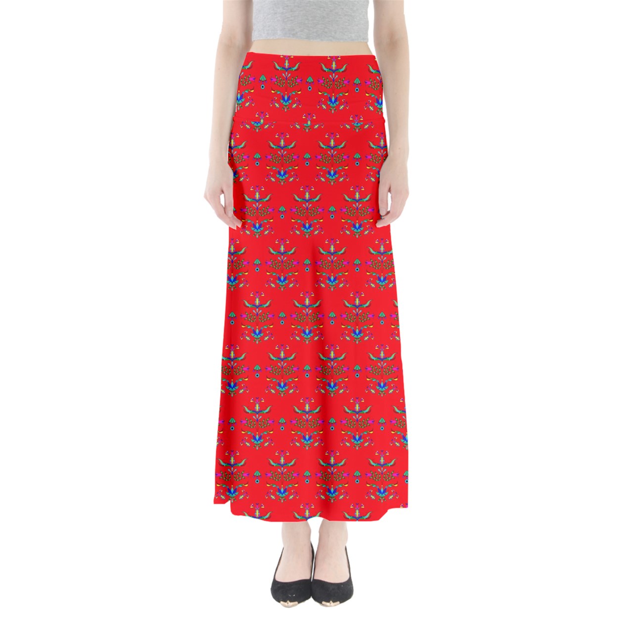 Dakota Damask Red Full Length Maxi Skirt