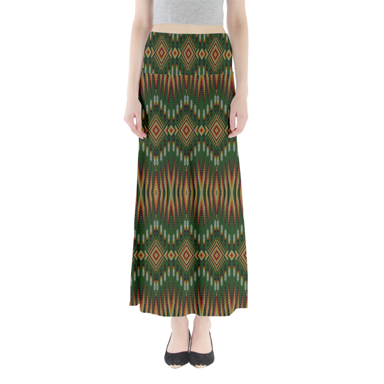 Fire Feather Green Full Length Maxi Skirt