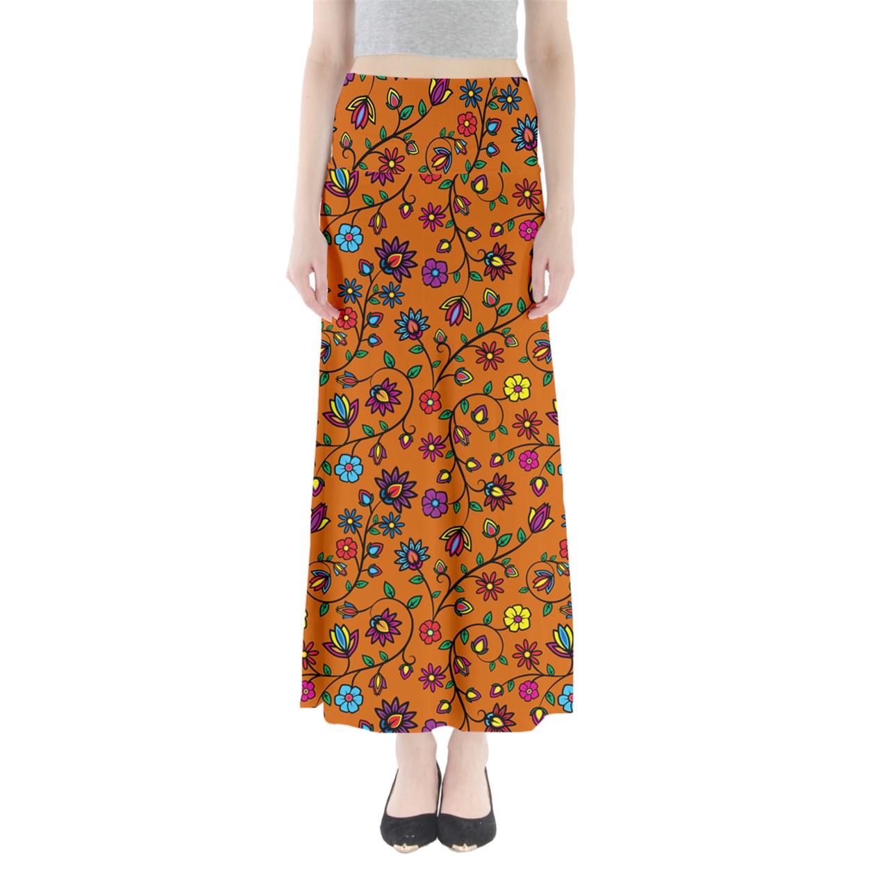 Nature's Nexus  Orange Full Length Maxi Skirt