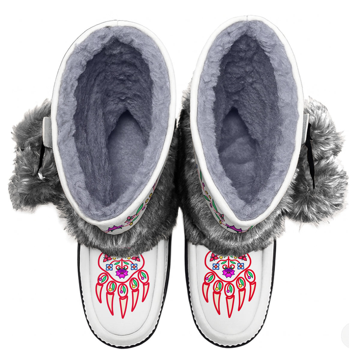 Bear Floral White Real Leather MocLux Calf with Grey Fur