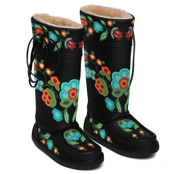 Prairie Fire Petals Black Real Leather MocLux Tall