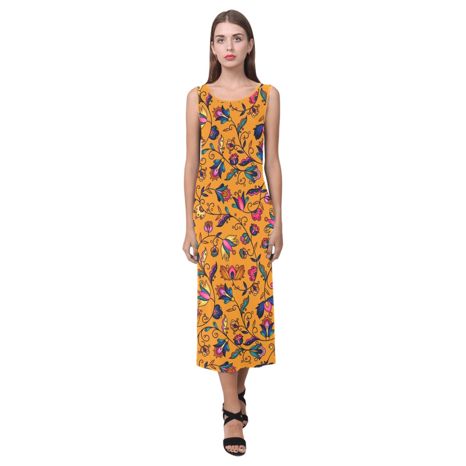 Copper Prairie Petals Orange Phaedra Sleeveless Open Fork Long Dress