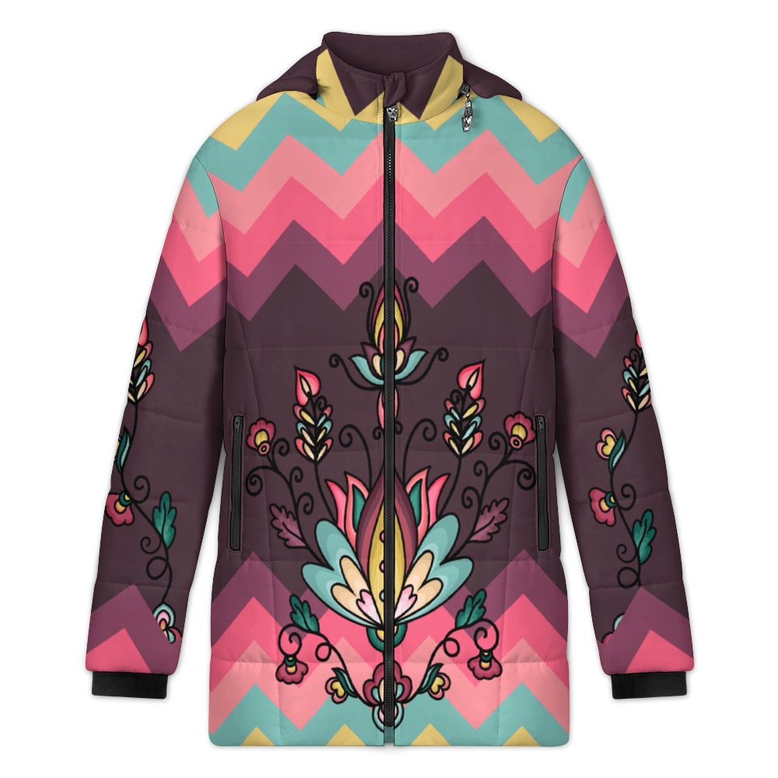 Gold Harvest Bloom Women's Hooded Puffer Coat