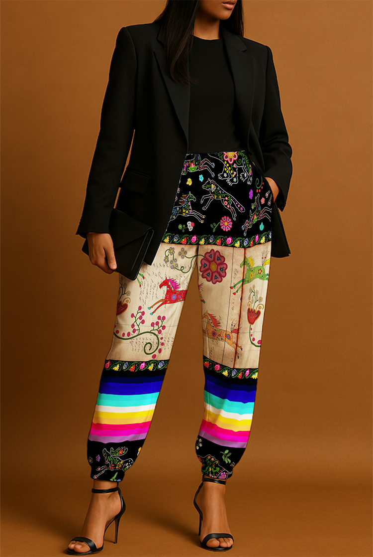 Floral Ledger Horse Ribbon Jogger Pants
