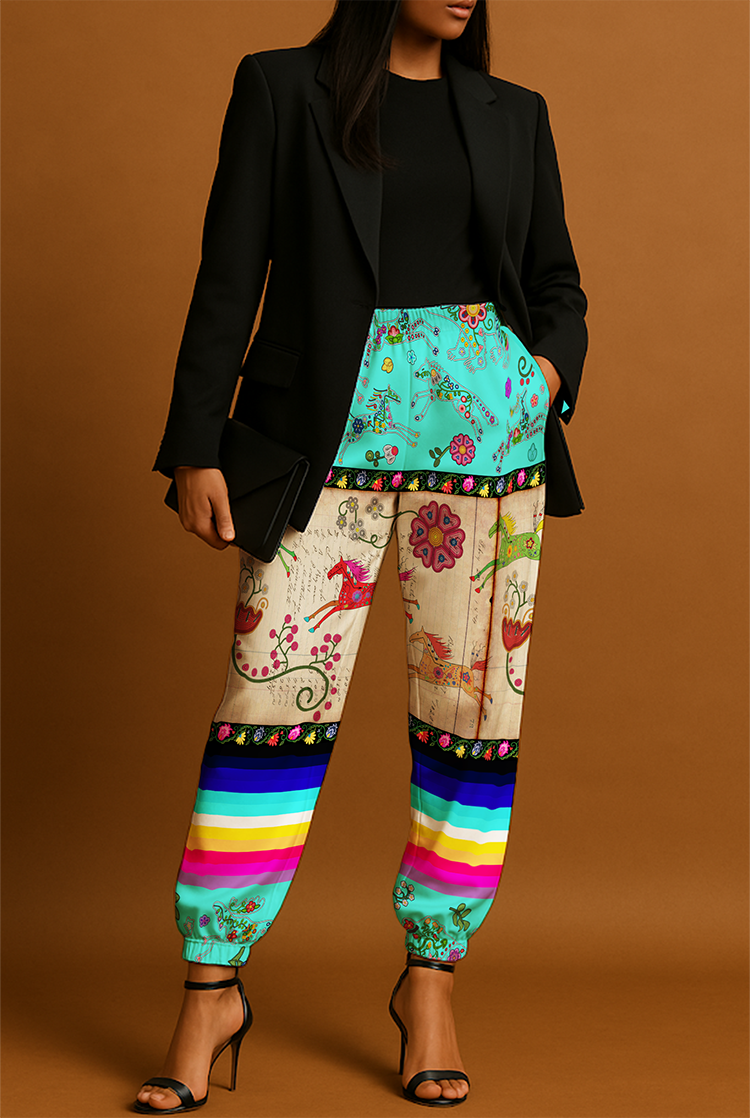 Floral Ledger Horse Turquoise Ribbon Jogger Pants