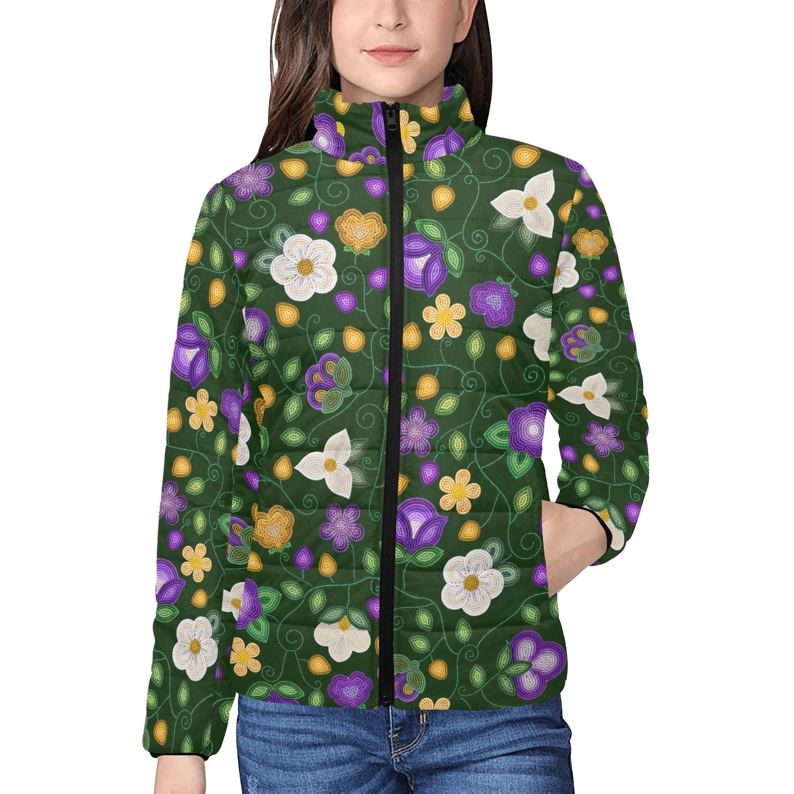 Midnight Moss Bloom Forest Women's Stand Collar Padded Jacket