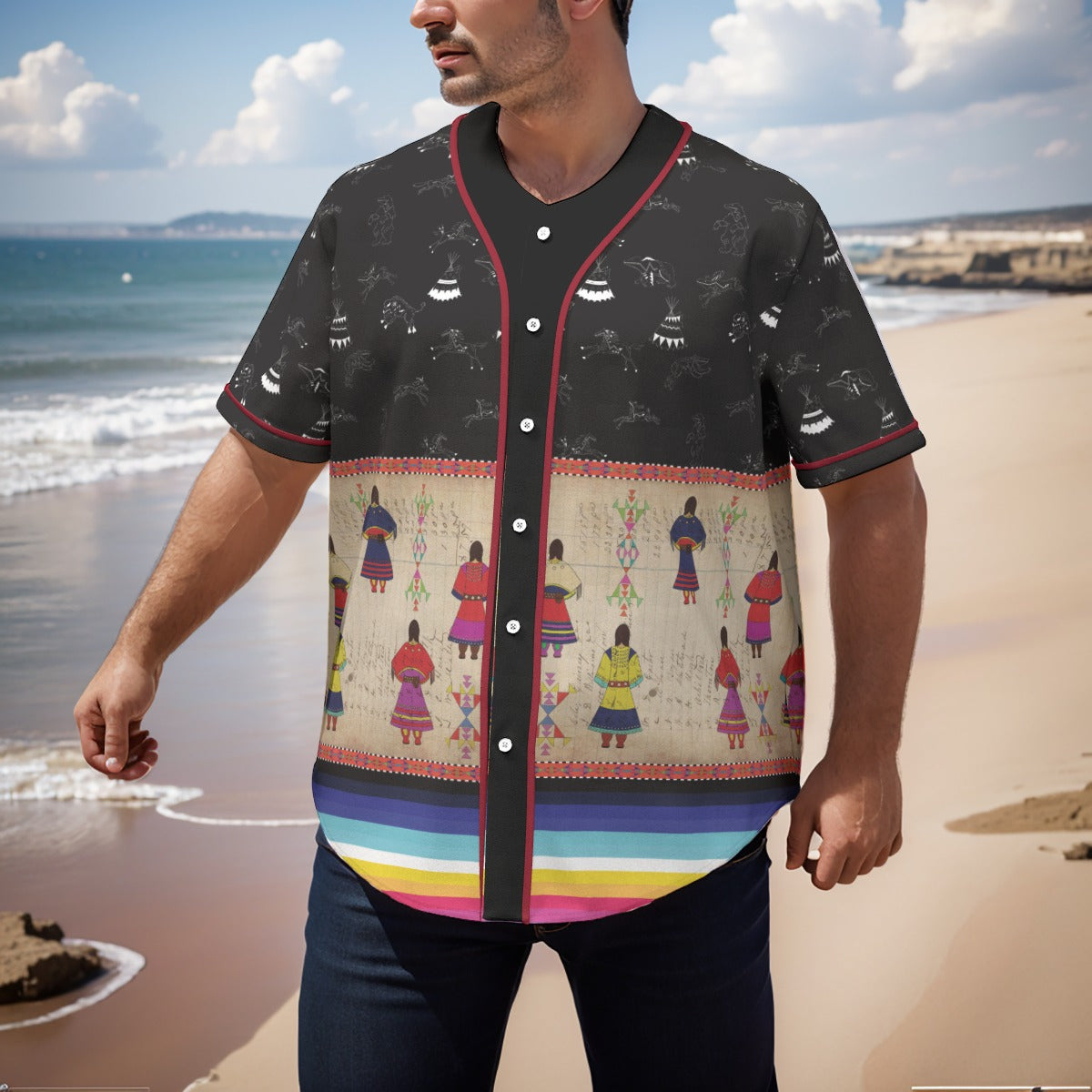 Ledger Round Dance Midnight Men's Short Sleeve Baseball Jersey With Pinstripes