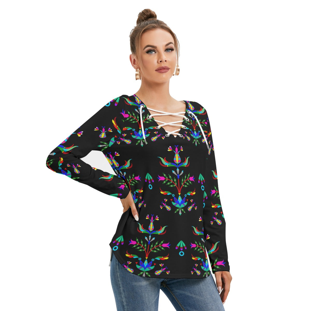 Dakota Damask Black Women's Long Sleeve Neckline Tie Sweatshirt