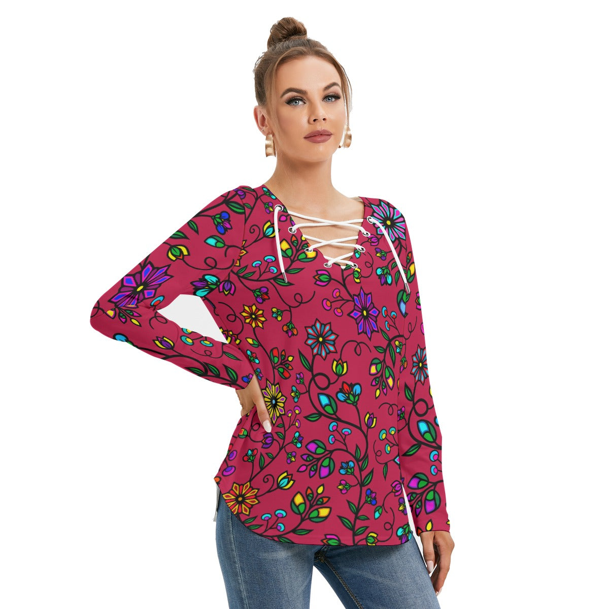 Prairie Paintbrush Passion Berry SQ Women's Long Sleeve Neckline Tie Sweatshirt