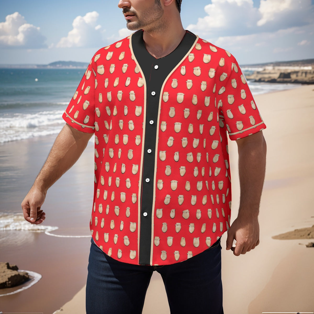Elk Teeth on Red Men's Short Sleeve Baseball Jersey With Pinstripes