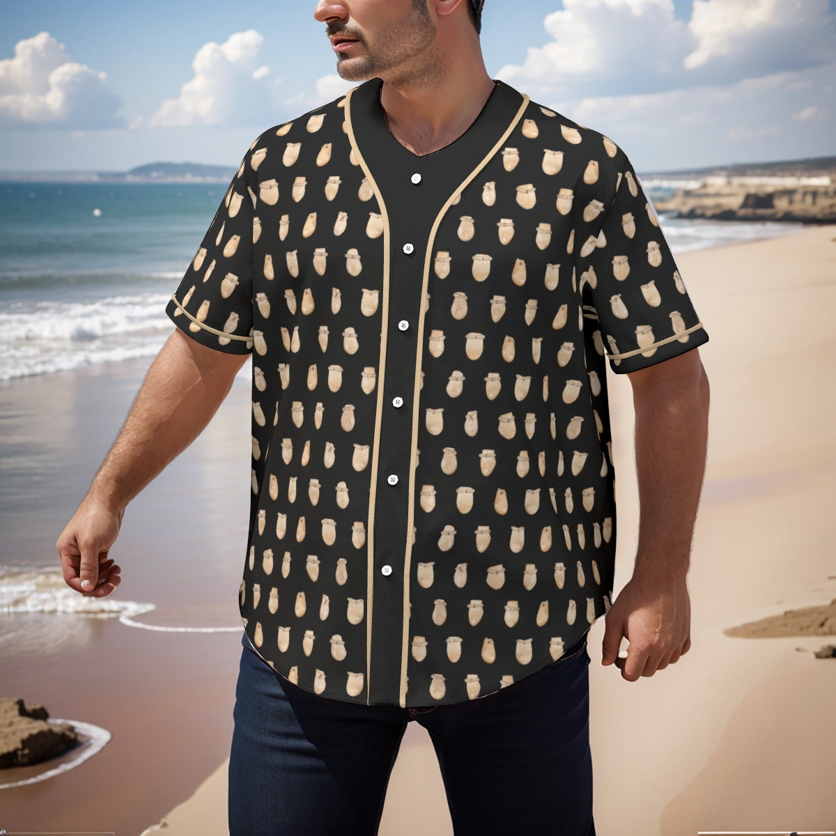 Elk Teeth on Black Men's Short Sleeve Baseball Jersey With Pinstripes