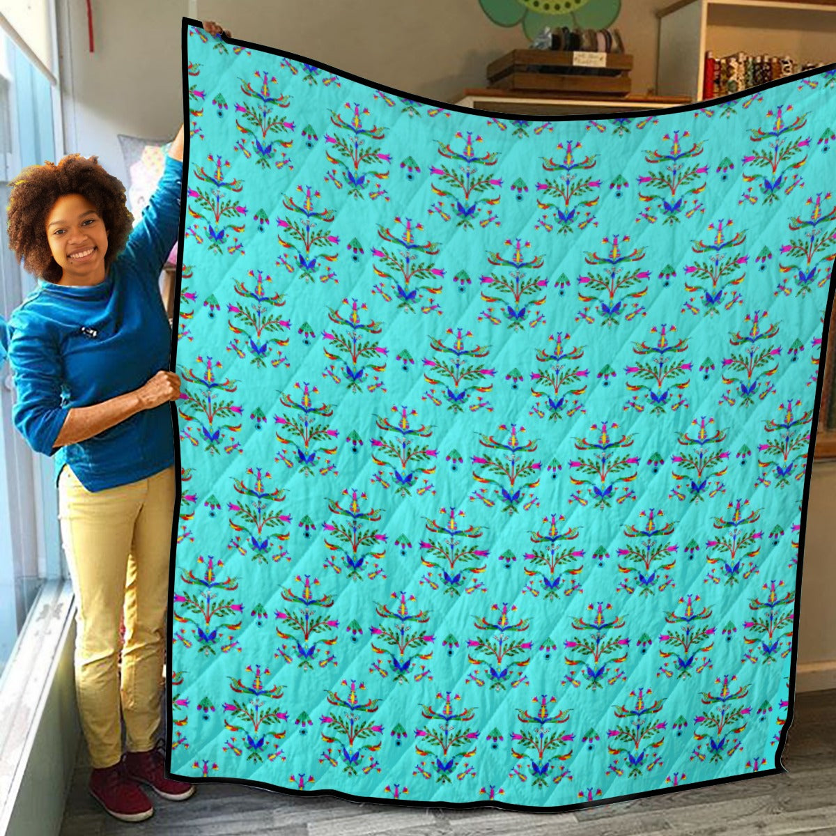 Dakota Damask Turquoise Lightweight & Breathable Quilt With Edge-wrapping Strips