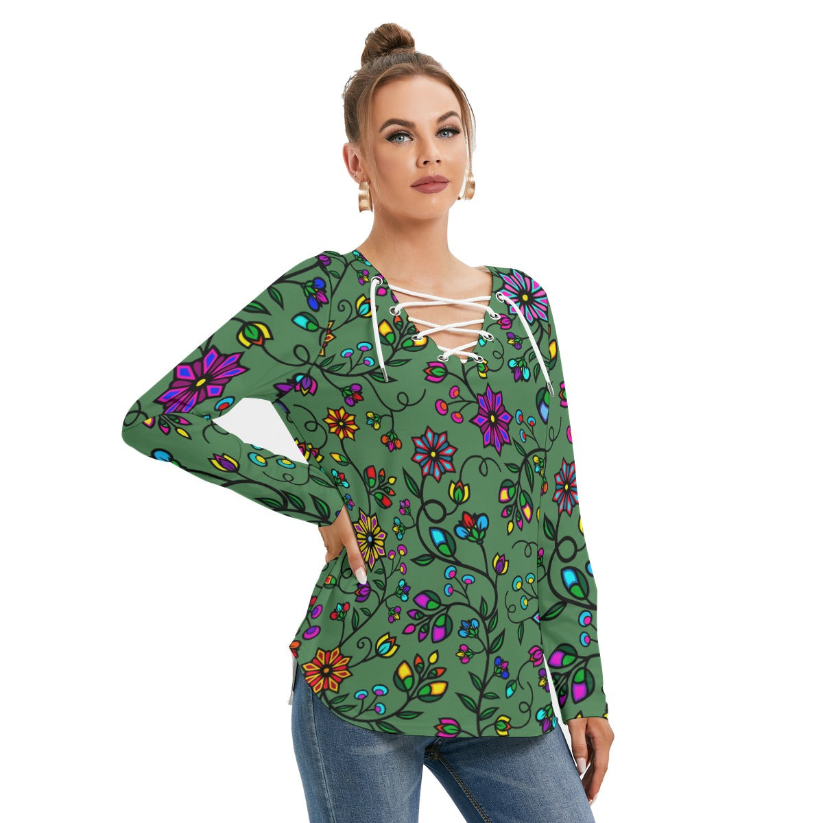 Prairie Paintbrush Sage SQ Women's Long Sleeve Neckline Tie Sweatshirt