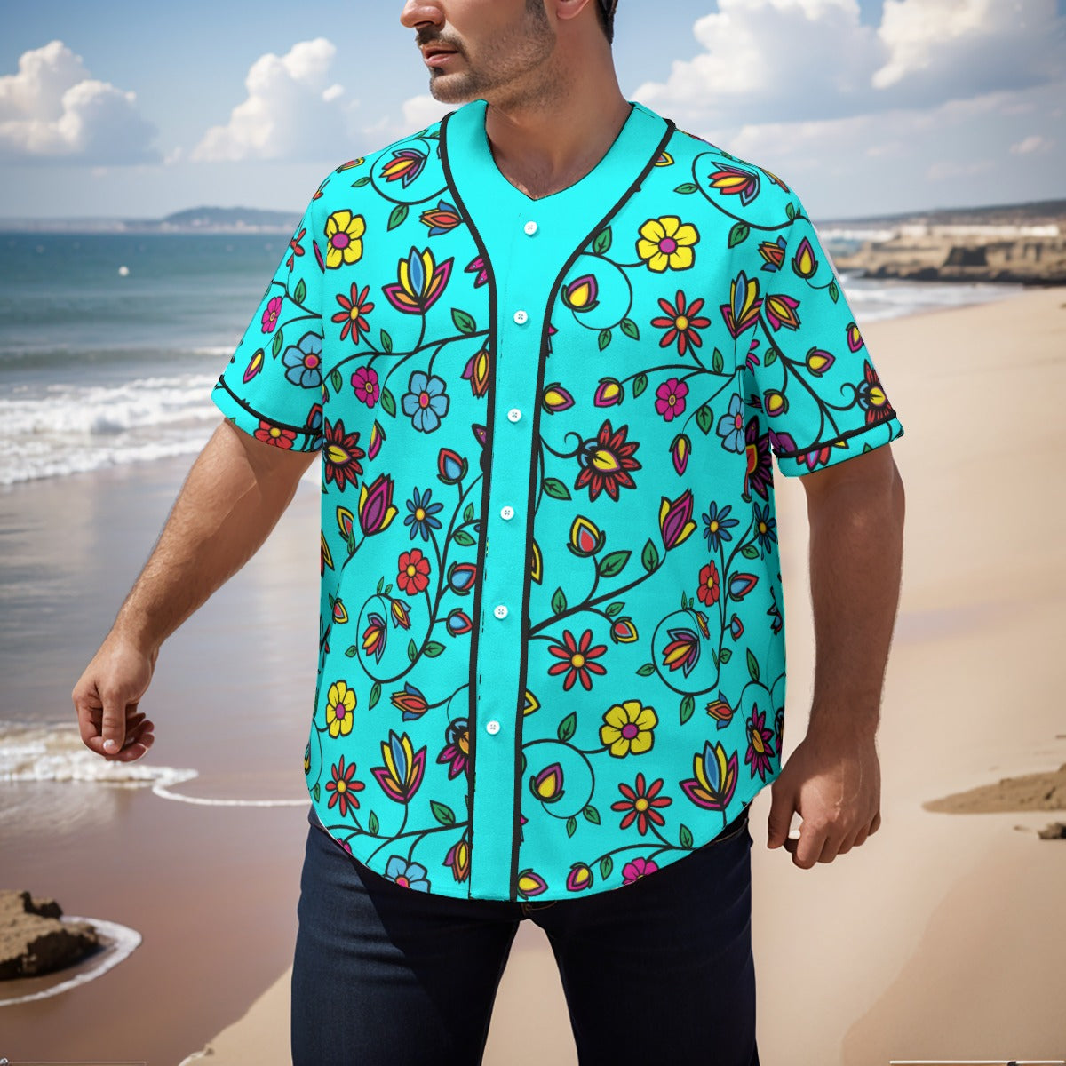Nature's Nexus Turquoise Men's Short Sleeve Baseball Jersey With Pinstripes