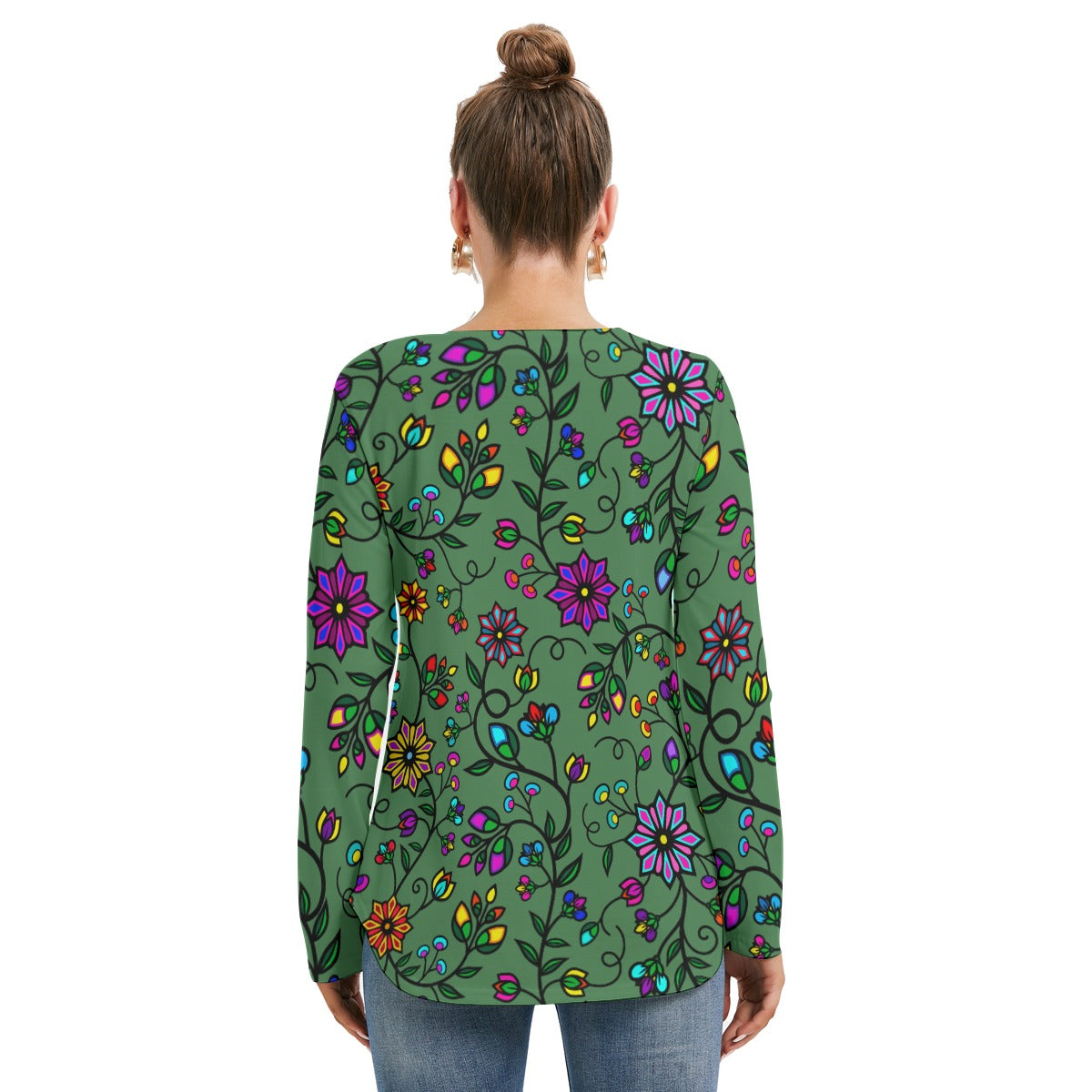 Prairie Paintbrush Sage SQ Women's Long Sleeve Neckline Tie Sweatshirt