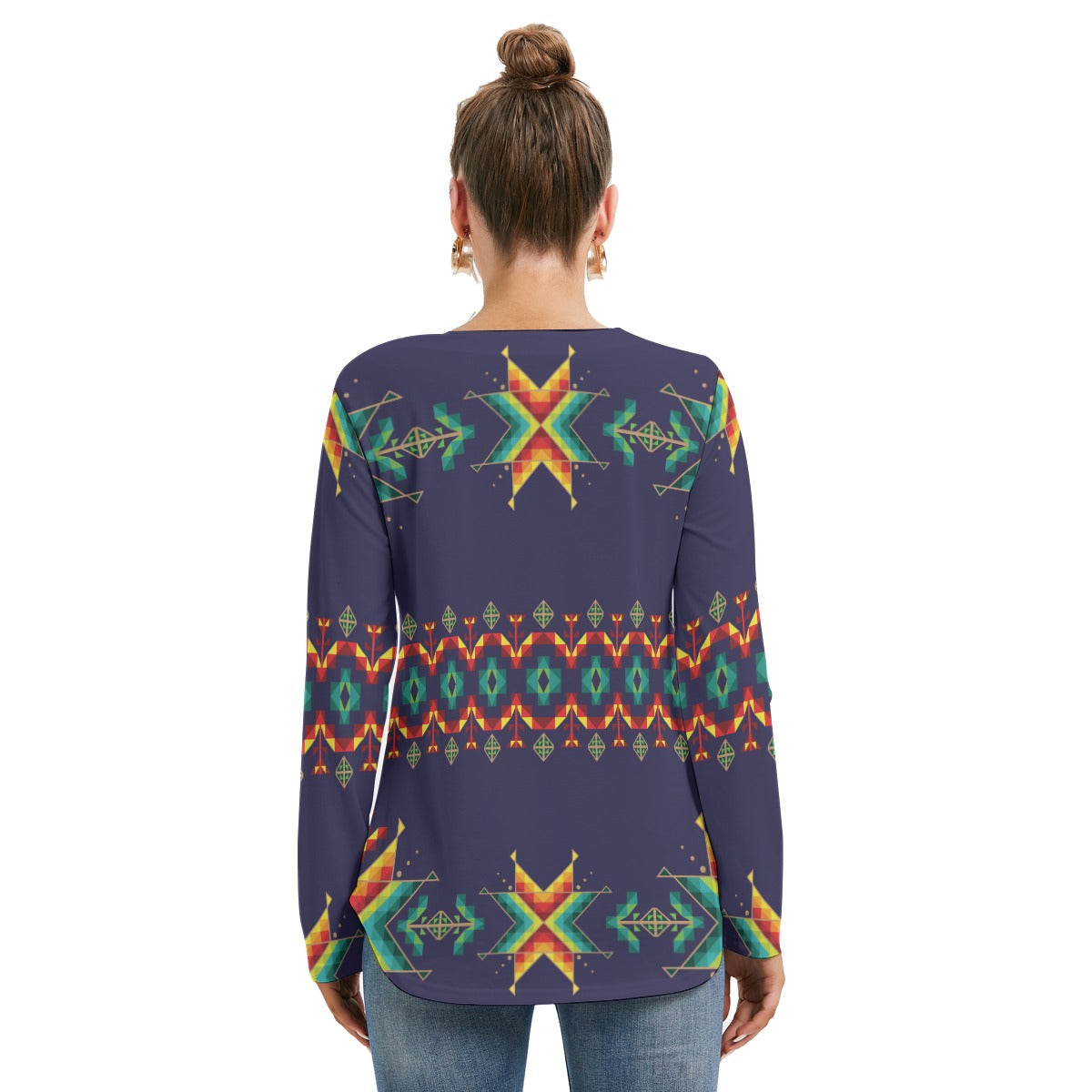 Dreams Of Ancestors Indigo Shade  Women's Long Sleeve Neckline Tie Sweatshirt