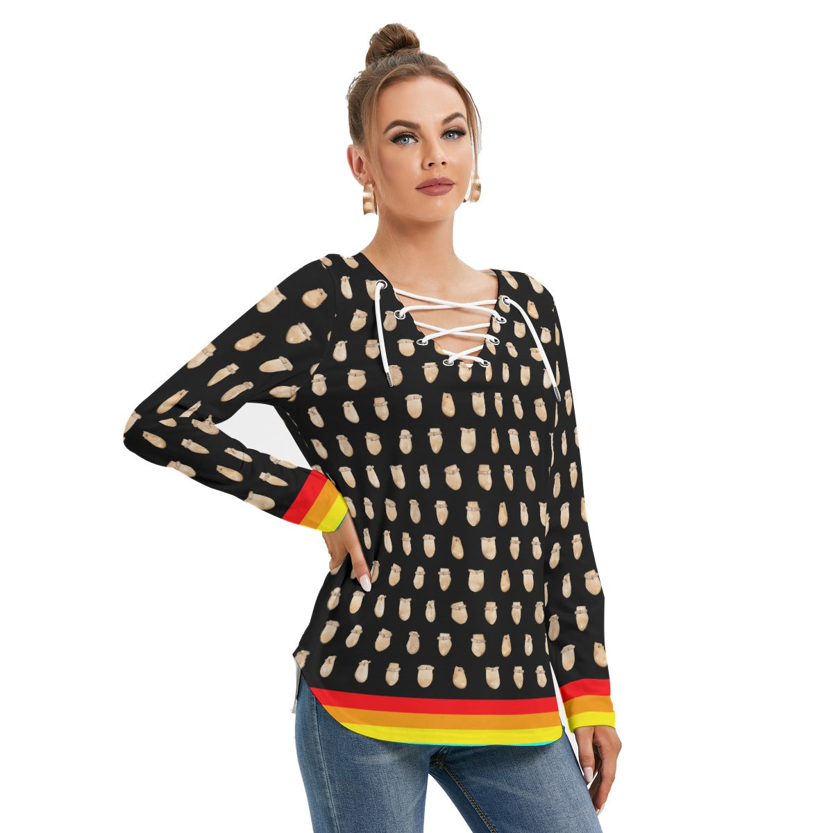 Elk Teeth on Black Women's Long Sleeve Neckline Tie Sweatshirt