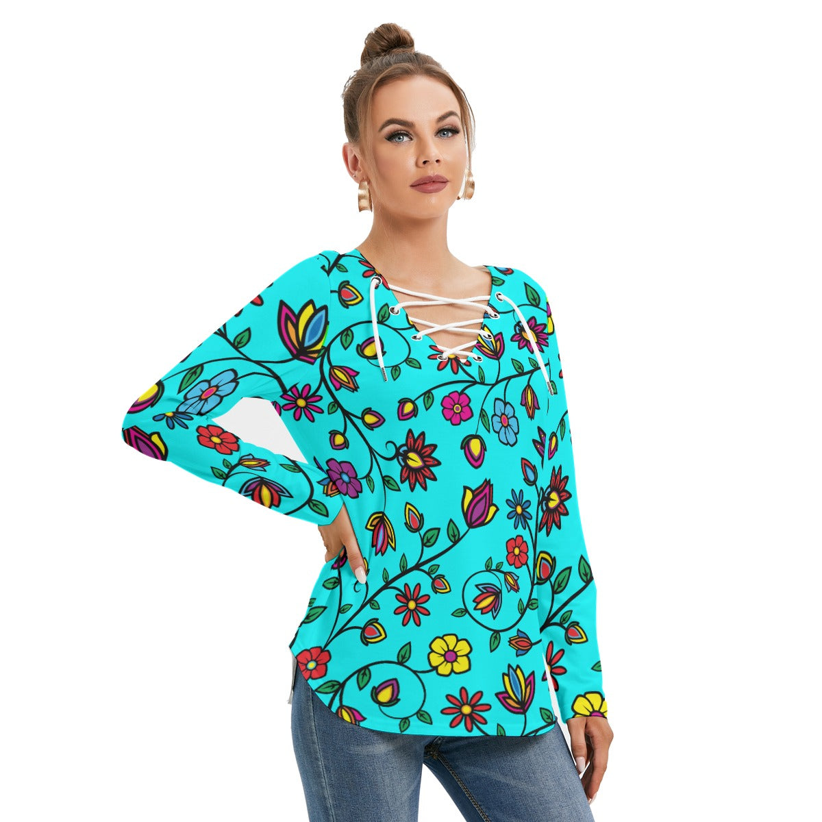 Nature's Nexus Turquoise Women's Long Sleeve Neckline Tie Sweatshirt