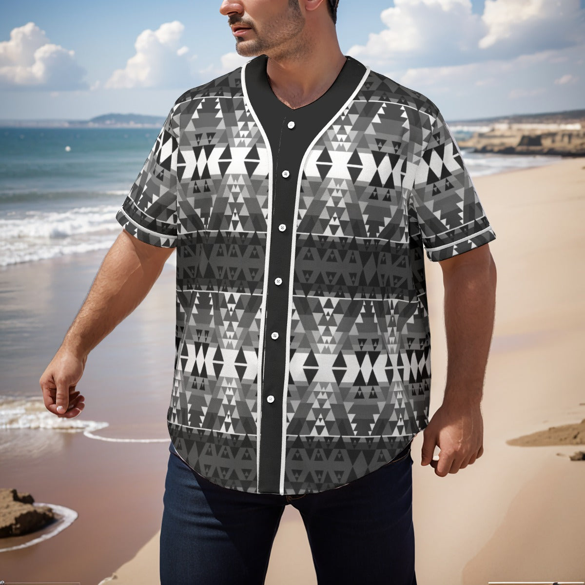 Writing on Stone Black and White Men's Short Sleeve Baseball Jersey With Pinstripes